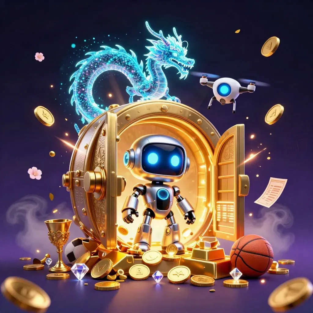 Robot mascot, AI dragon and coin drone burst from a vault amid gold, gems and neon effects.