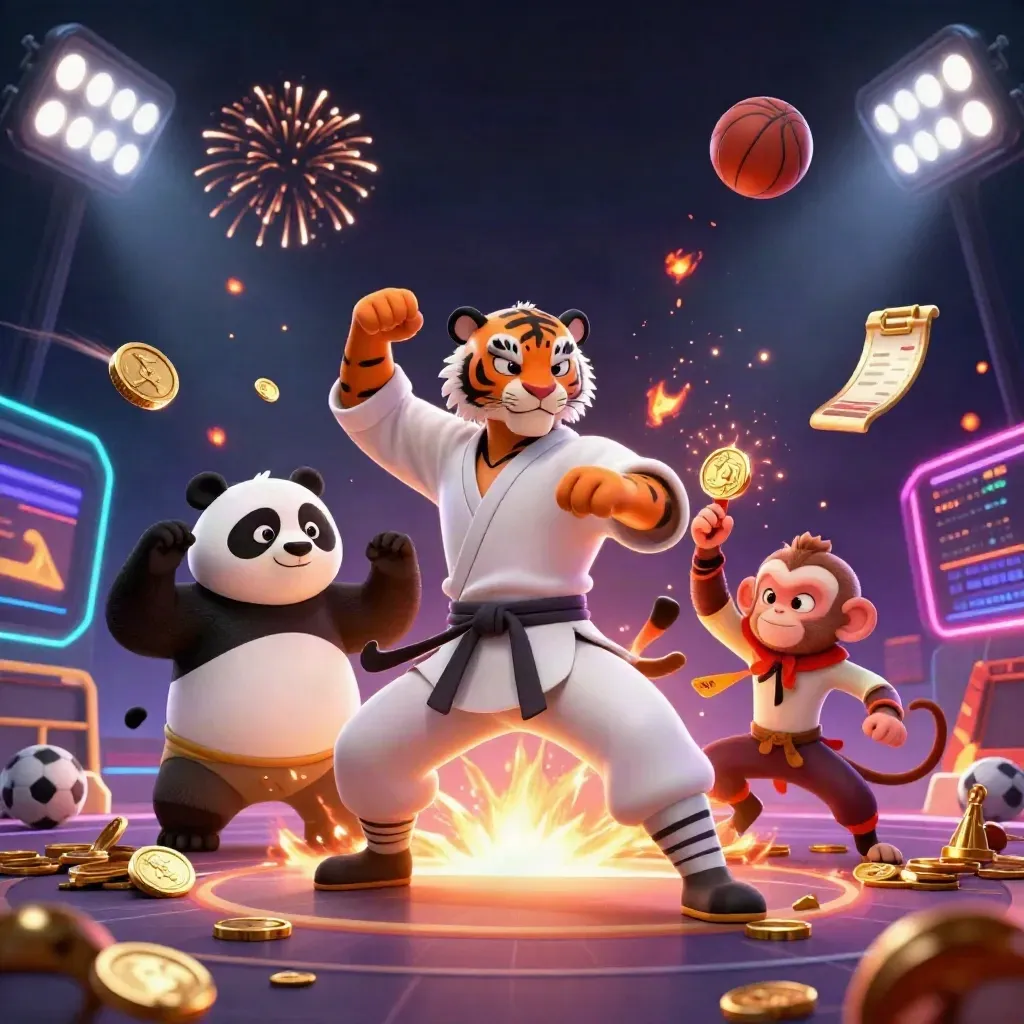 Kung-fu tiger, panda, and monkey amid coins, fireworks, trophy, and sports balls
