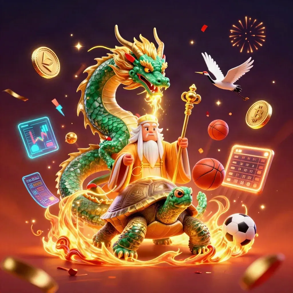 Emerald dragon, turtle sage, and cranes amid coins, fire, fireworks, and casino-fantasy energy.