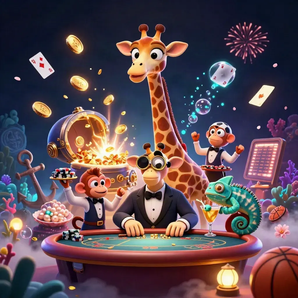 Giraffe high-roller, monkey valet, and chameleon bartender amid gold coins and treasure glow