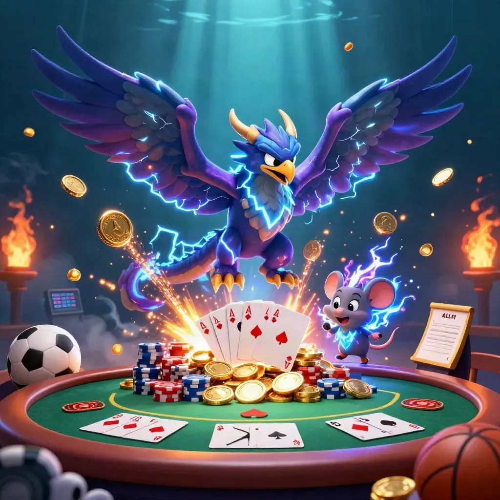 Thunder dragon, wind hawk, and thunder-mouse amid coins, poker gear, and casino fireworks.