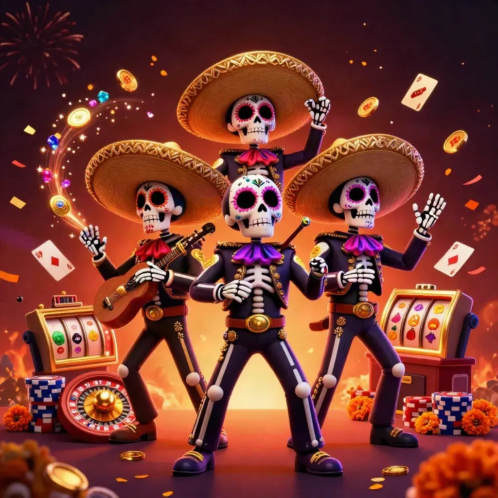 Three Day-of-the-Dead skeleton mariachi figures amid coins, cards, chips, fireworks, and casino glow.