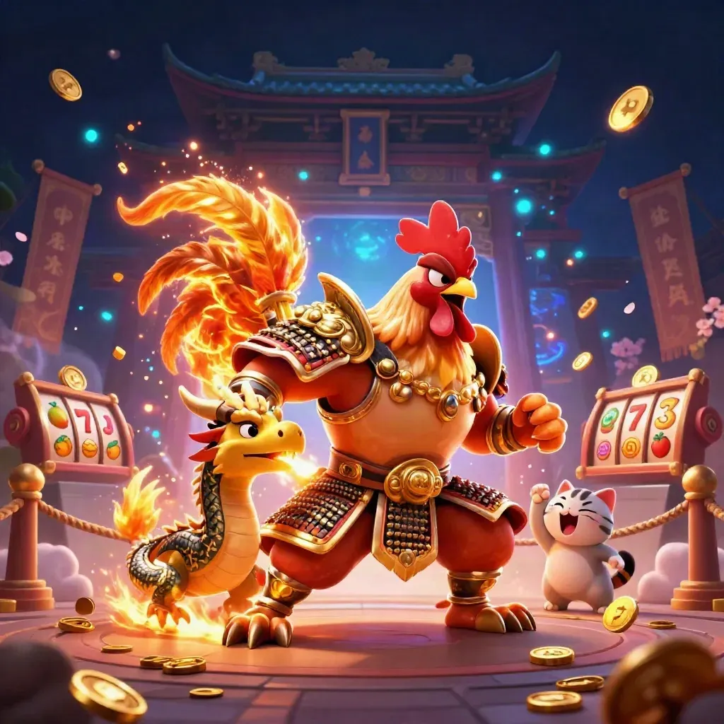 Rooster samurai, spark-breathing hatchling, and cheering fortune-cat in a neon casino battle scene.