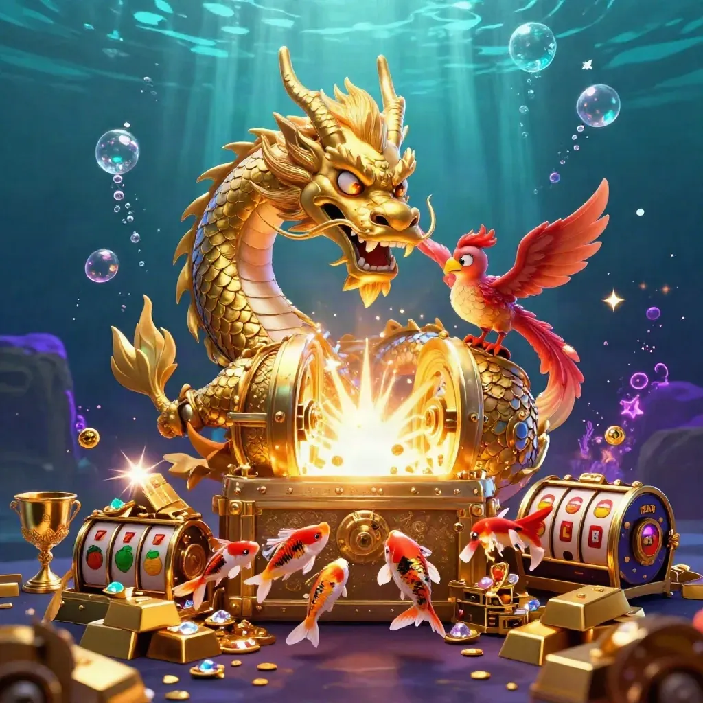 Golden dragon, phoenix, and koi bursting from treasure in cyan-purple underwater glow