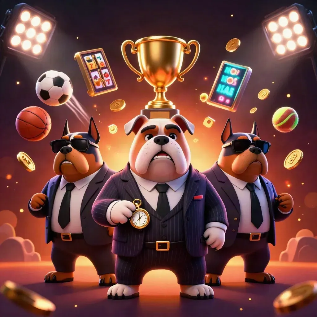 Bulldog mafia boss with two Dobermans amid casino icons, coins, trophies, and neon lights.