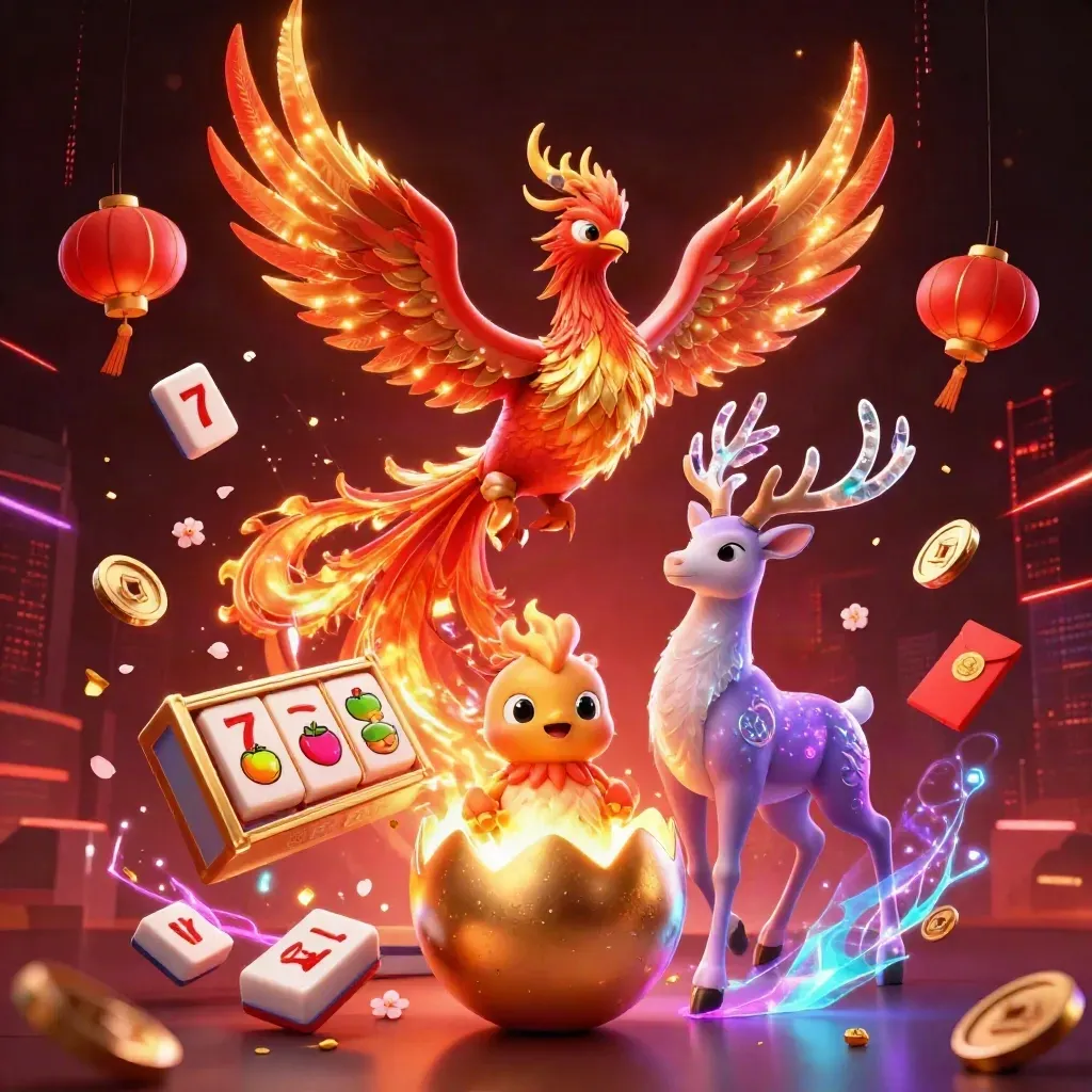 Phoenix, hatchling egg, and crystal stag amid casino symbols on a dark neon backdrop.