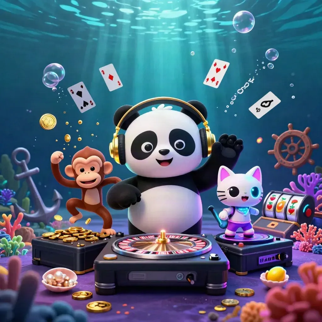 DJ panda, breakdancing monkey, and glow-stick kitten in an underwater casino treasure cove.