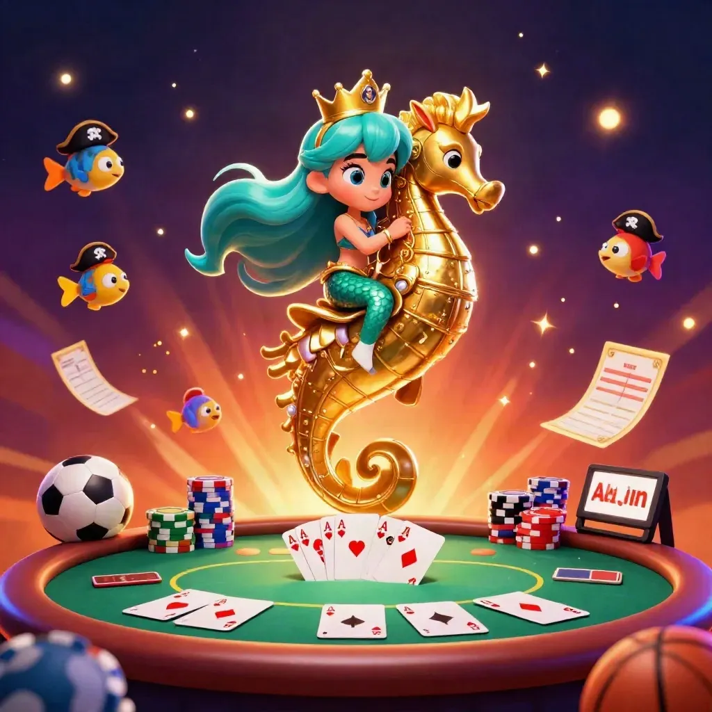 Mermaid princess on armored seahorse amid chips, cards, fish, and glowing casino lights.