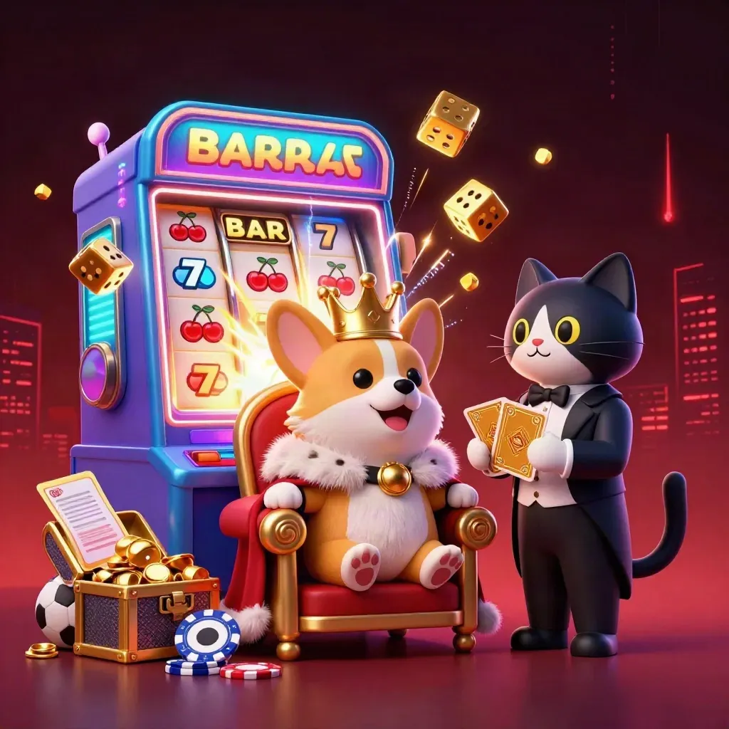 Royal corgi and cat butler amid jackpot burst, gold dice, neon casino effects.