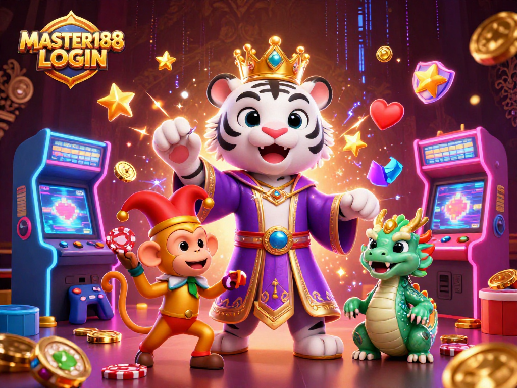 Experience the thrill of MASTER188 LOGIN with vibrant casino elements, showcasing a white tiger and a jester monkey.