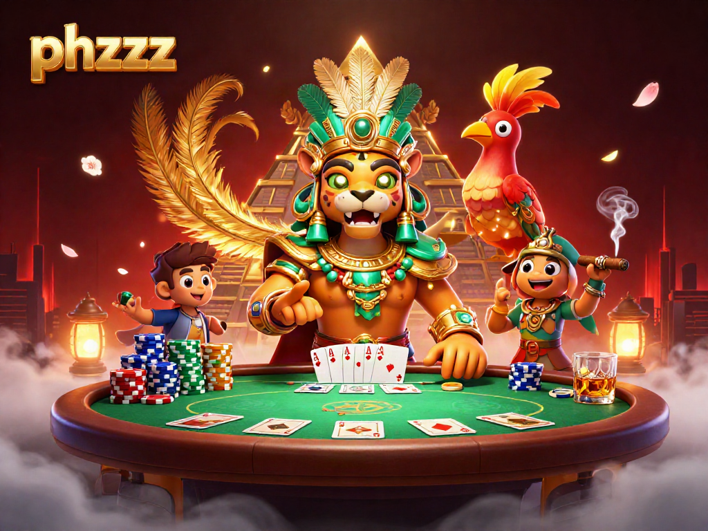 Experience thrilling poker action with phzzz featuring a Mayan priest and vibrant game elements.