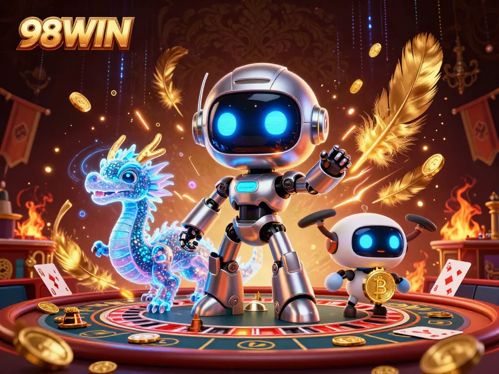 Experience the thrill of 98WIN with a cyberpunk robot mascot, AI dragon, and bitcoin drone in a lively casino scene.