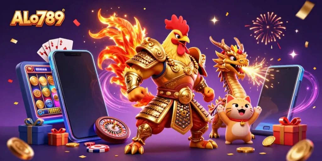 Engage in thrilling cockfighting action with ALo789 through vivid digital imagery featuring vibrant characters and bonus games.