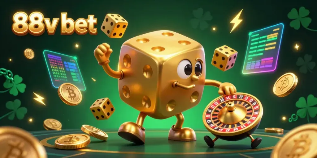 Join the fun with 88v bet's exciting golden dice golem and crypto elements in a vibrant casino scene.