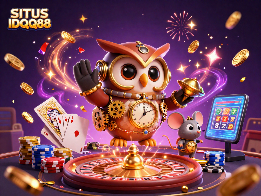 SITUS IDQQ88 brings a lively 3D casino scene with animated owl and mouse, gold coins, and roulette.