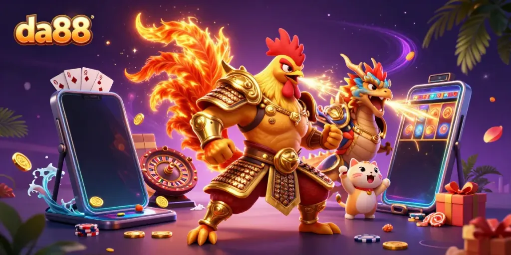 Engage with da88's thrilling gaming experience featuring vibrant characters and dynamic casino elements.