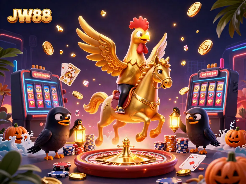 Experience the excitement of JW88 with a golden rooster in a vibrant casino scene filled with winning elements.