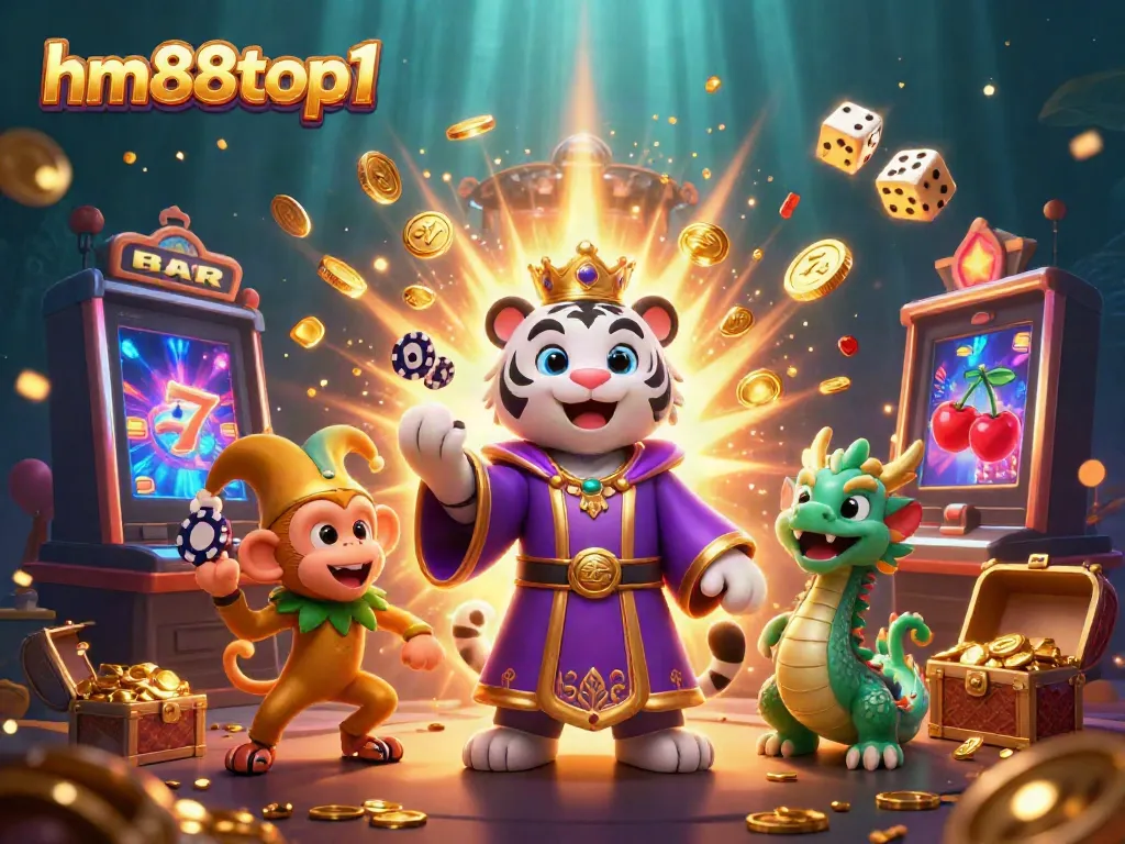 Experience the excitement of hm88top1 with a dazzling 3D casino illustration of a royal tiger and a playful monkey.