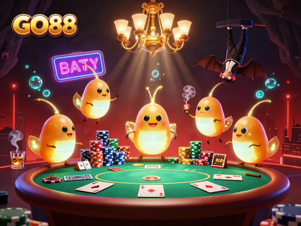 Illuminate your bet with GO88's vibrant glowworm casino scene showcasing thrilling poker action.