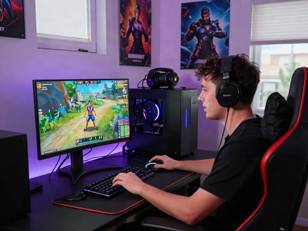 Engaged gamer playing a porn game in a vibrant gaming room setup with colorful LED lights.
