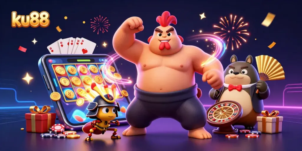ku88 features a powerful sumo wrestler and cricket surrounded by vibrant casino elements.
