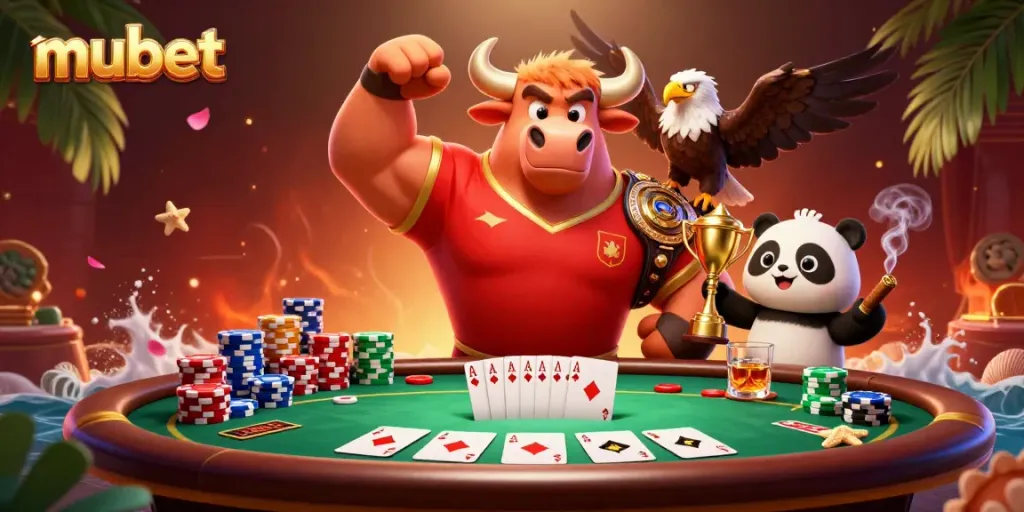 Engage in thrilling poker action with mubet's vibrant casino scene featuring a winning bull mascot.