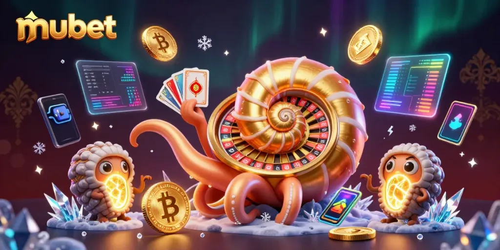Engage in thrilling gameplay at mubet with a dazzling nautilus roulette wheel, glowing coins, and vibrant game elements.