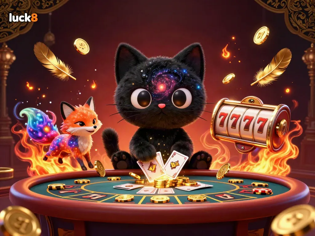 Engage in exhilarating gambling with luck8, featuring a cosmic casino table where a black hole cat draws in golden chips and cards.