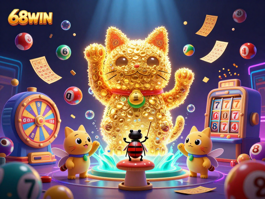 Experience the thrill of 68WIN's vibrant casino adventure with a lucky cat and dynamic game elements.
