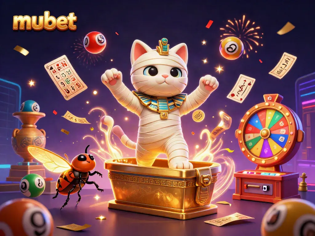 Engage with the mubet experience featuring a 3D cartoon mummy cat and exciting casino elements.