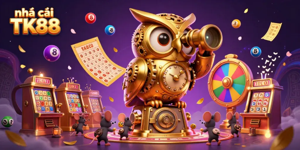 Experience the thrill at nhà cái TK88 with a vibrant 3D casino scene filled with dynamic gaming elements.