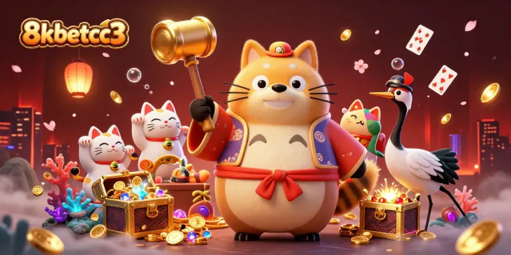 Experience joy at 8kbetcc3 with a tanuki and lucky cat scene filled with vibrant casino elements!