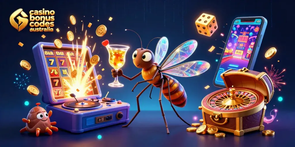 Engage with exclusive casino bonus codes australia through vibrant casino-themed illustration featuring animated characters and dynamic slot elements.