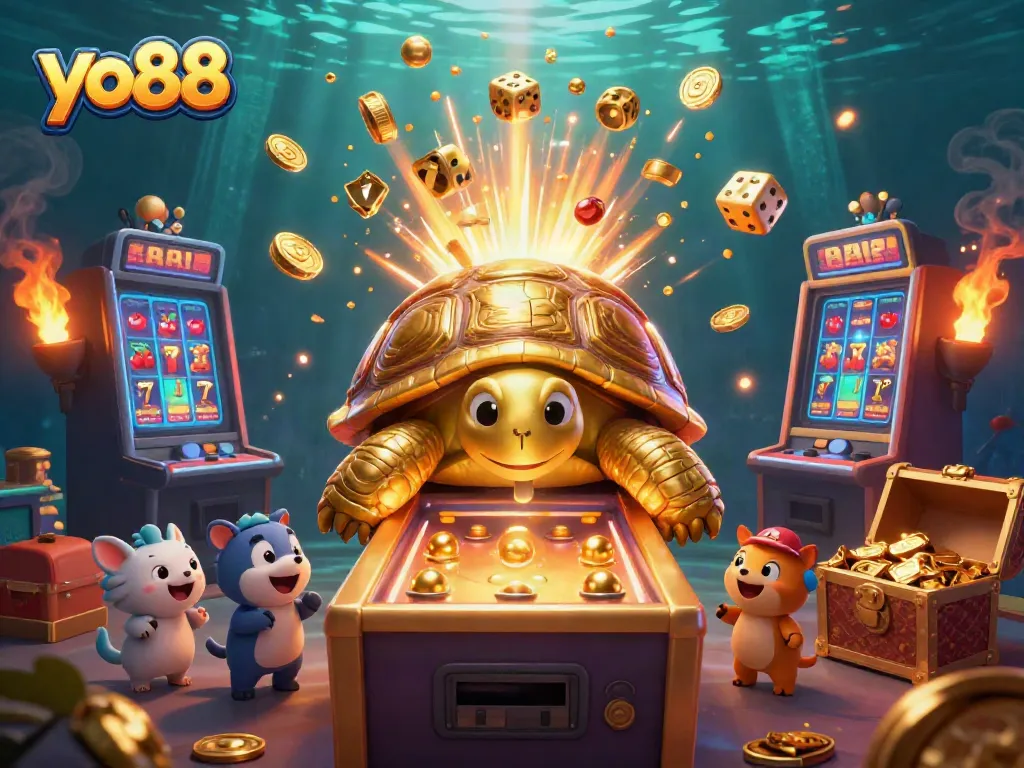Experience yo88 with thrilling gaming elements, featuring a golden tortoise and slot jackpots.