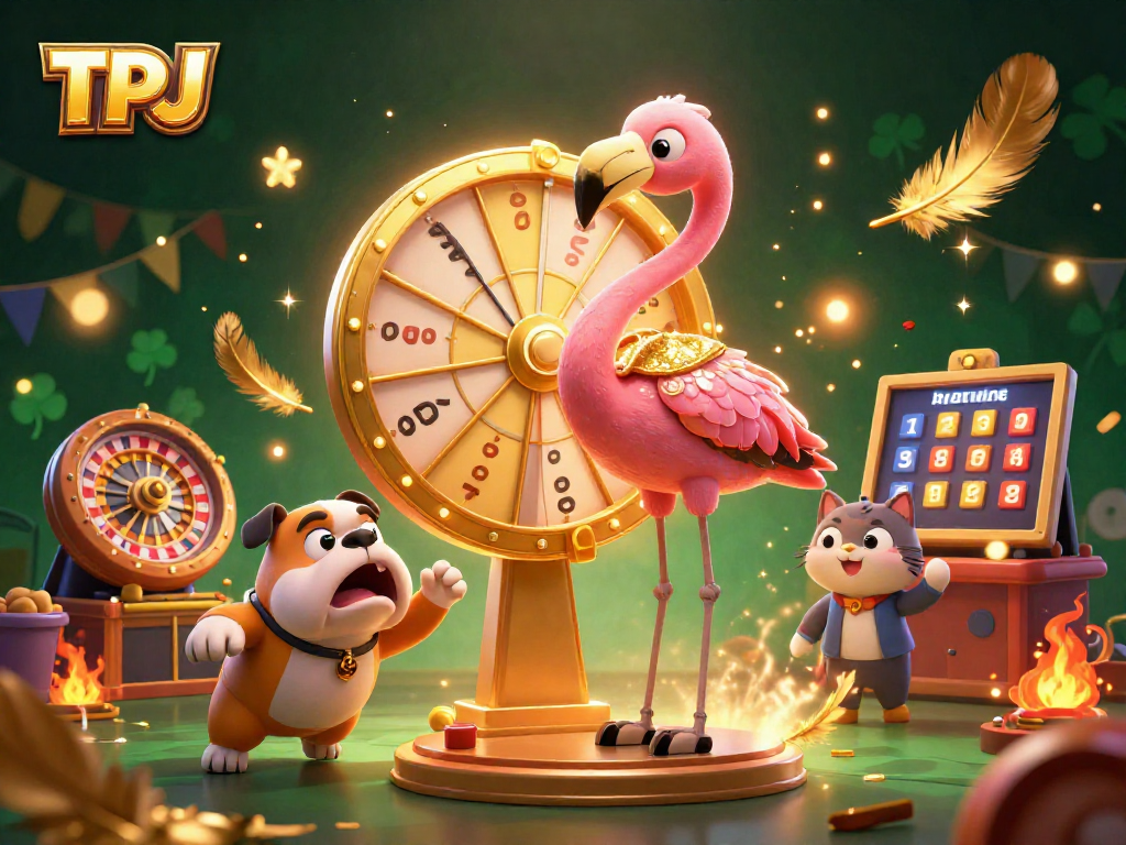 TPJ gaming scene with a flamingo host, bulldog contestant, and cat assistant celebrating casino prizes.