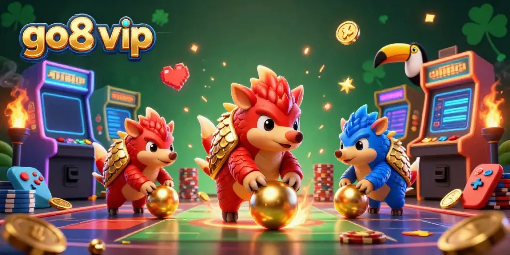 Engaging scene of rival pangolins showcasing go8 vip excitement amidst colorful casino elements.
