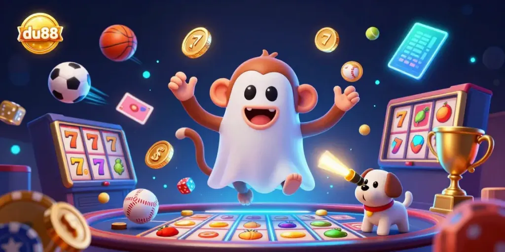 Experience du88's colorful casino scene with gold coins, cards, and lively characters in a playful gaming atmosphere.