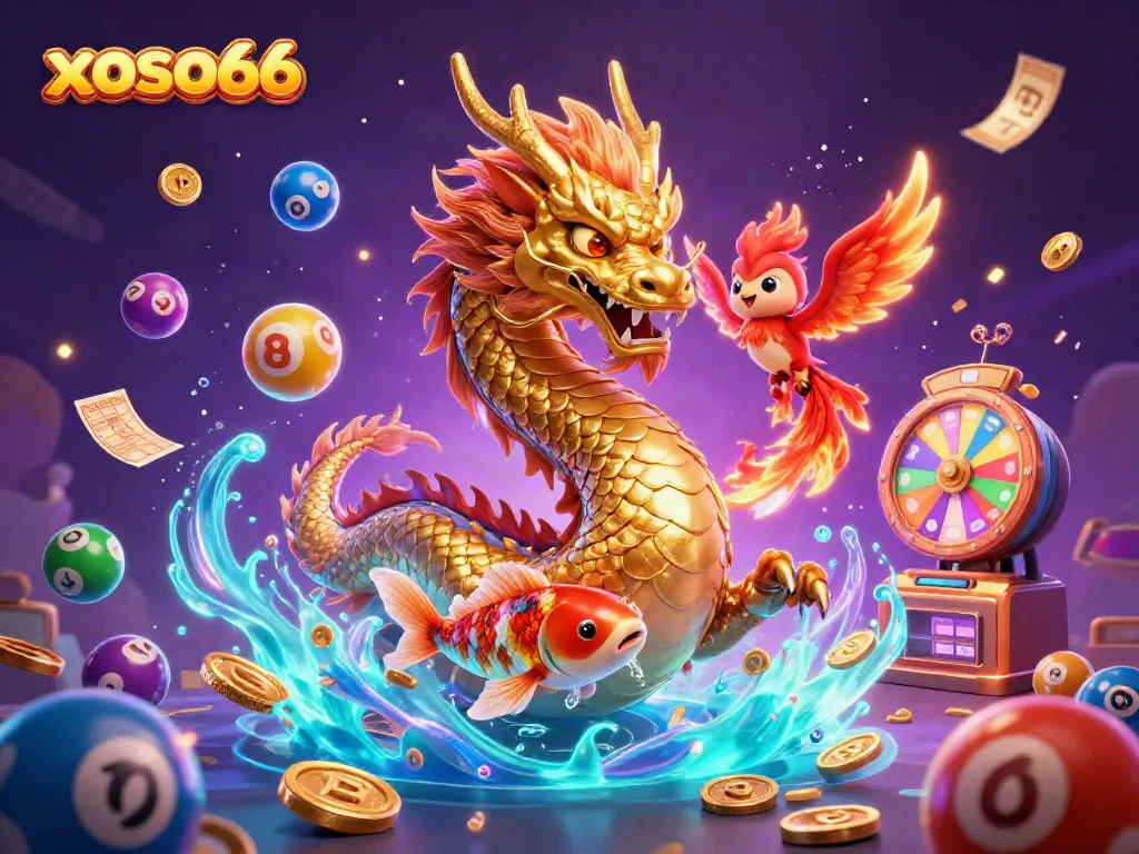 Experience the excitement of xoso66 with a dynamic scene featuring a golden dragon, phoenix, and koi fish amidst cheering lottery elements.