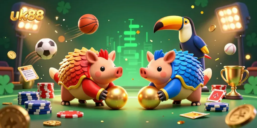 Engage in thrilling bets at uk88 with rival pangolins rolling golden balls in a vibrant casino scene.