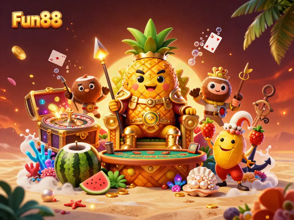 Experience Fun88's vibrant gaming scene with the golden pineapple king amid casino excitement.