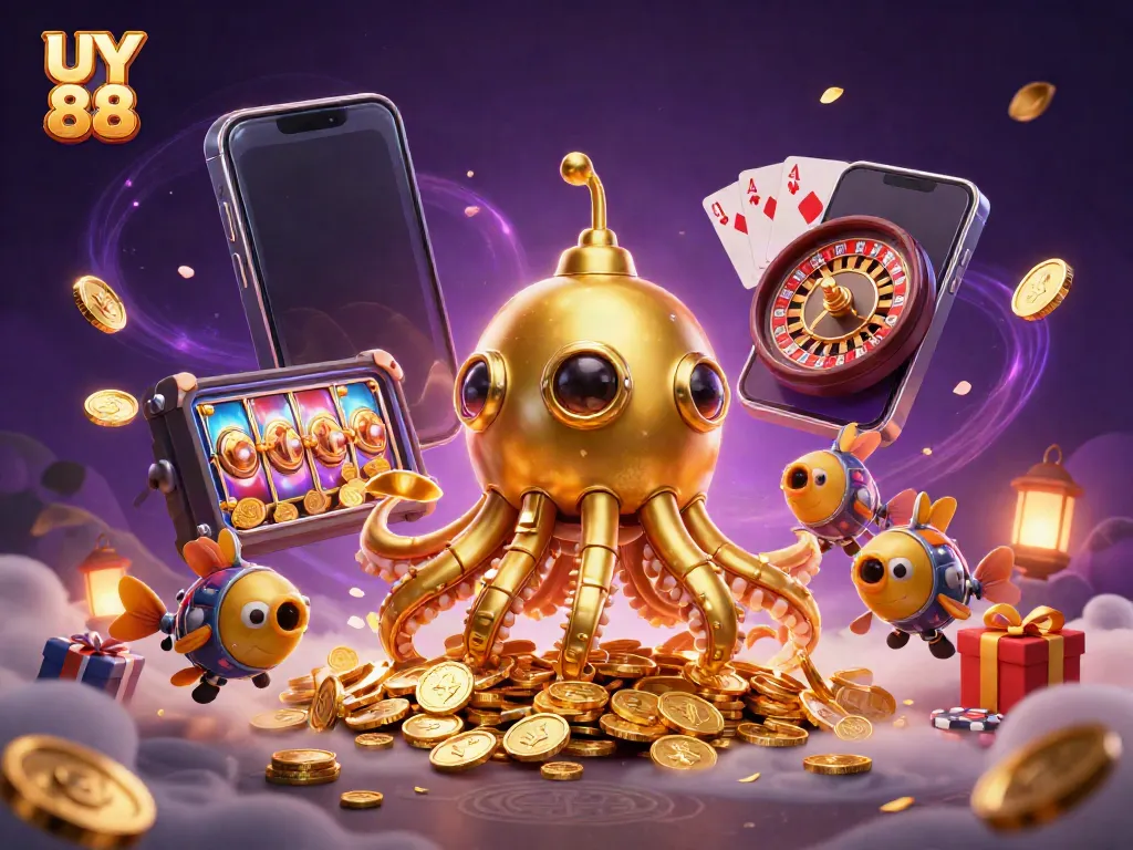 Experience vibrant gaming excitement at UY 88 with a dynamic scene showcasing a golden kraken and casino elements.