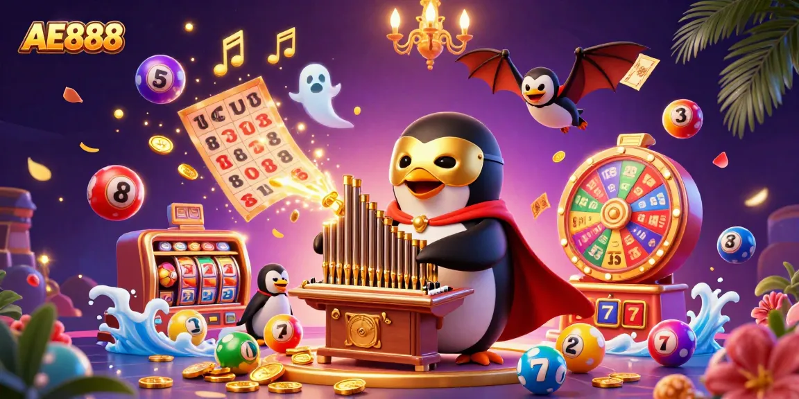 Experience AE888 casino excitement with a vibrant gaming scene featuring dynamic lottery elements, golden coins, and themed characters.