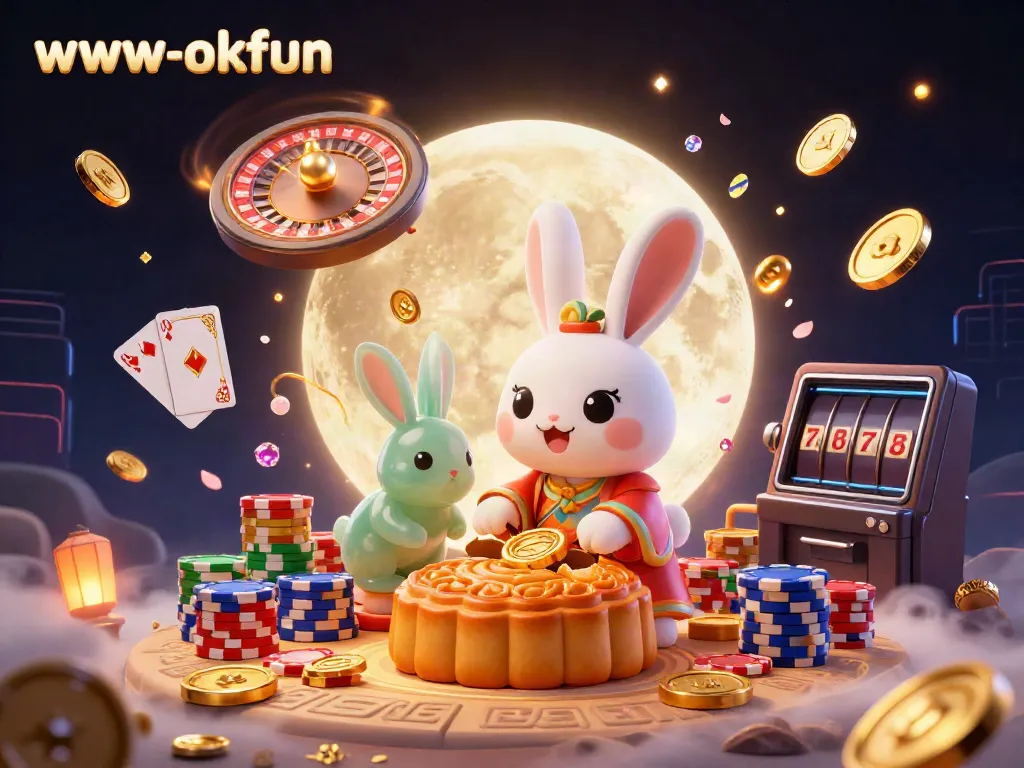 Experience the excitement of www-okfun as a moon rabbit surprises with poker chips, surrounded by glittering casino elements.
