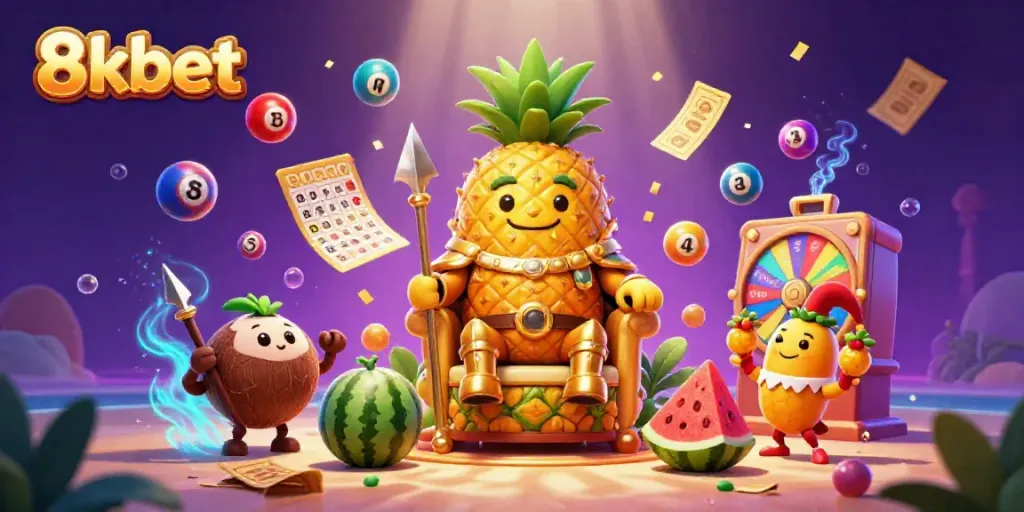 Experience the excitement of 8kbet with our vibrant casino scene featuring a golden pineapple king and lively gaming elements.