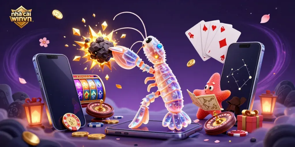 Experience the thrilling world of nhà cái winvn with a dynamic casino-themed illustration featuring a vibrant galactic mantis shrimp and gaming elements.