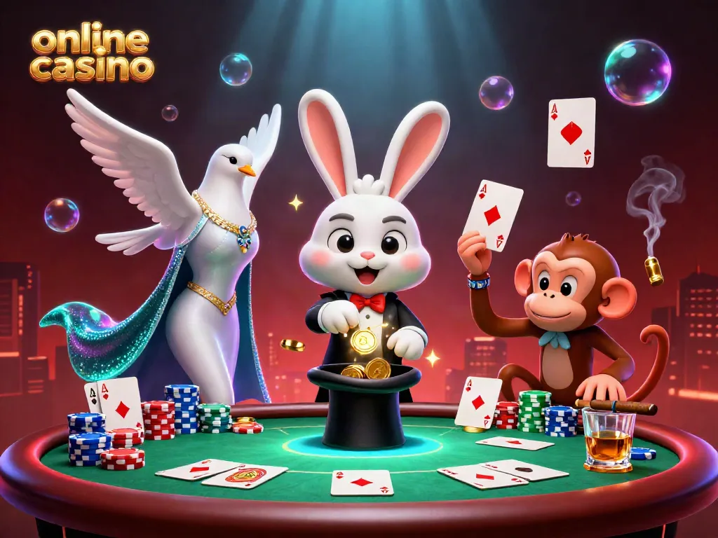 Experience the thrill of an online casino with a magician rabbit, dove, and monkey amidst poker action.