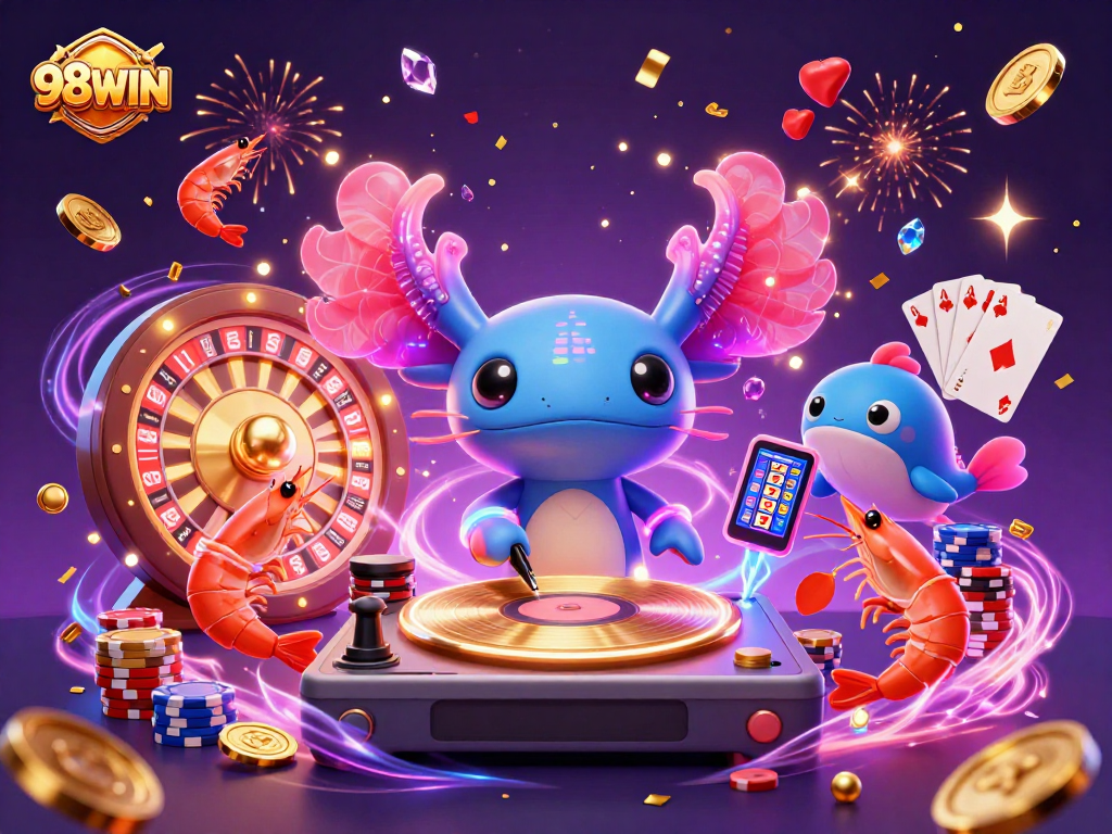 Engage with 98WIN's vibrant casino energy featuring the axolotl DJ and dynamic characters.