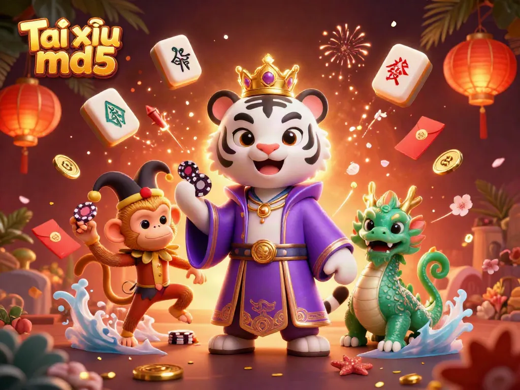 Players engage with Tài xỉu md5 in an exciting casino setting, featuring vibrant characters and gaming elements.
